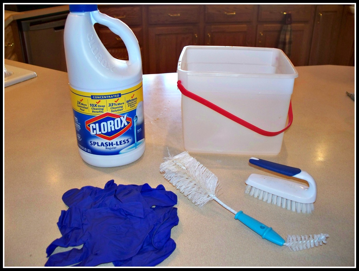 cleaning supplies, bleach, gloves, brush and bucket used to disinfect seed planters