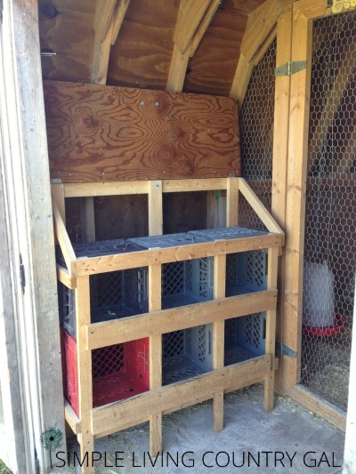 Once the boxes are in, it's ready to go!   A little bit of hay for comfort is all you need.  I just love this design, the plastic crates are very easy to clean, the frame is extremely light weight so I can move it in and out very easily by myself and the hens really love it as well and fit very comfortably. I have even found two hens in one crate together just as happy as can be![spacer height="20px"]