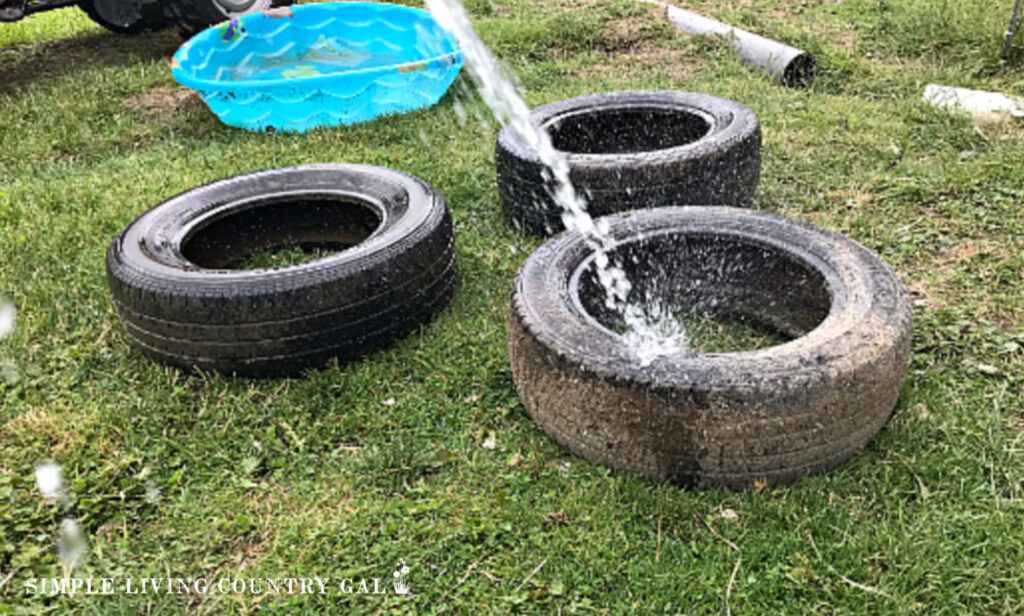 Washing tires with a hose to use for a dust bath