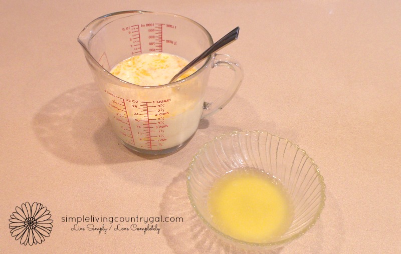 Mix eggs and milk together, and stir in the melted butter last