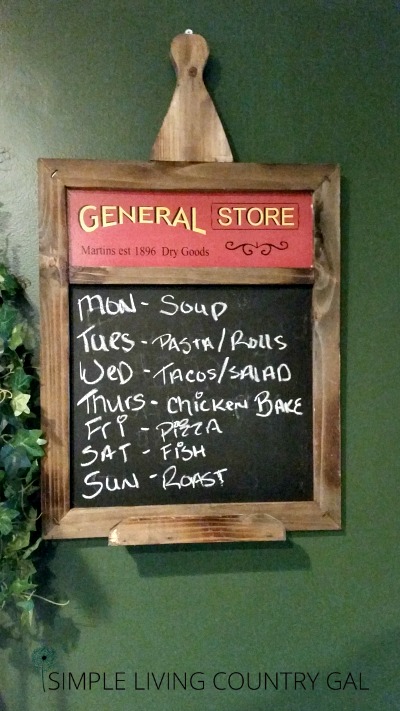 This chalkboard is used at the family command center to let the family know what is on the menu this week. 