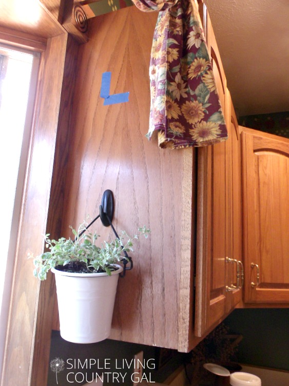 Continue placing hooks and hanging the pots of your DIY kitchen herb garden. 