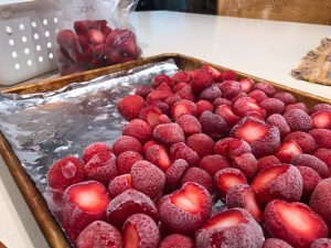 a freezer tray of frozen strawberries. learn how to best freeze berries so they are fresh all winter long.