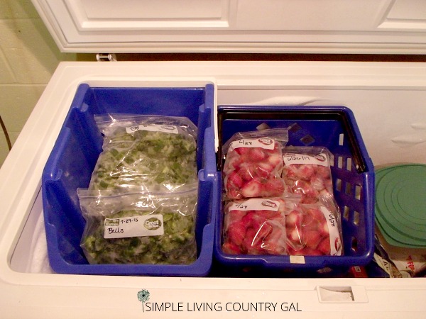 Use stackable bins to organize your chest freezer and freeze foods instead of throwing them away, which means spending less at the grocery store. 