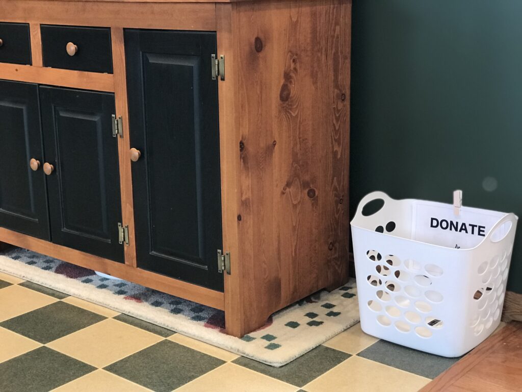 a donation basket in a kitchen