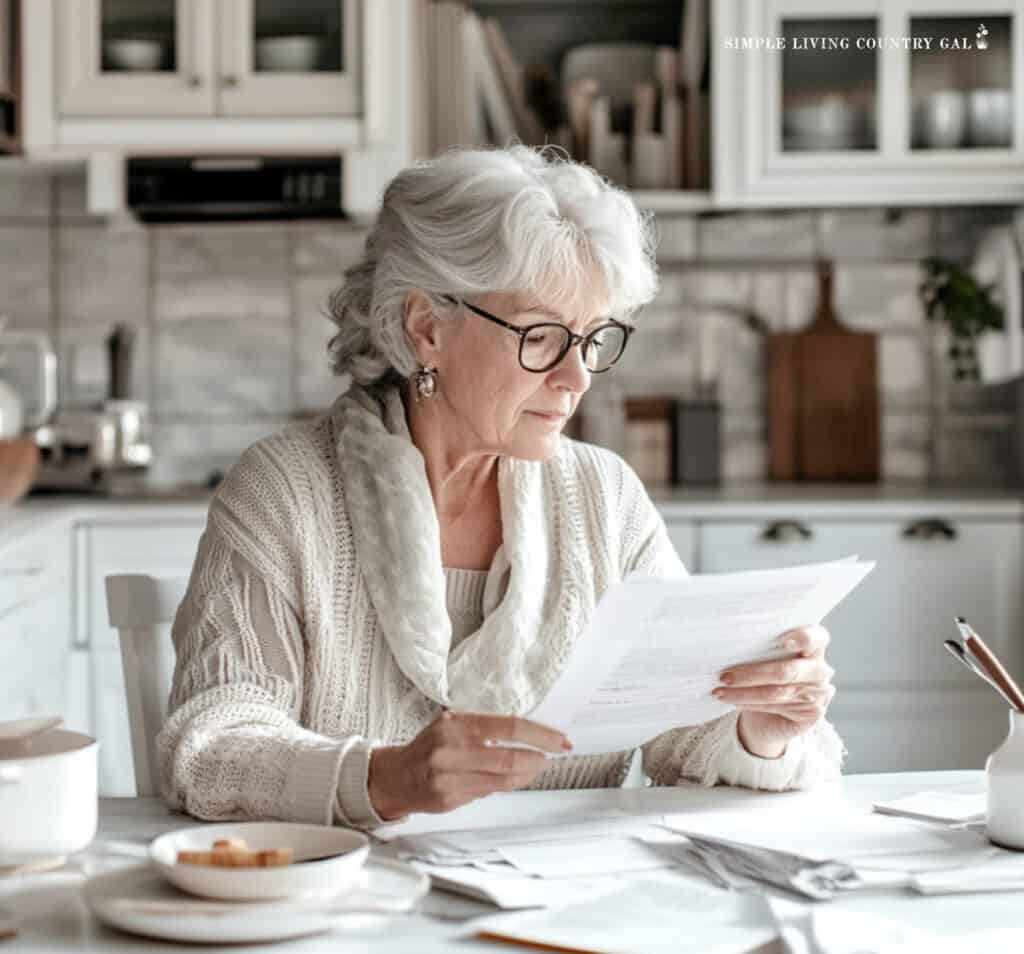 a midlife woman sitting at a table looking at her bills