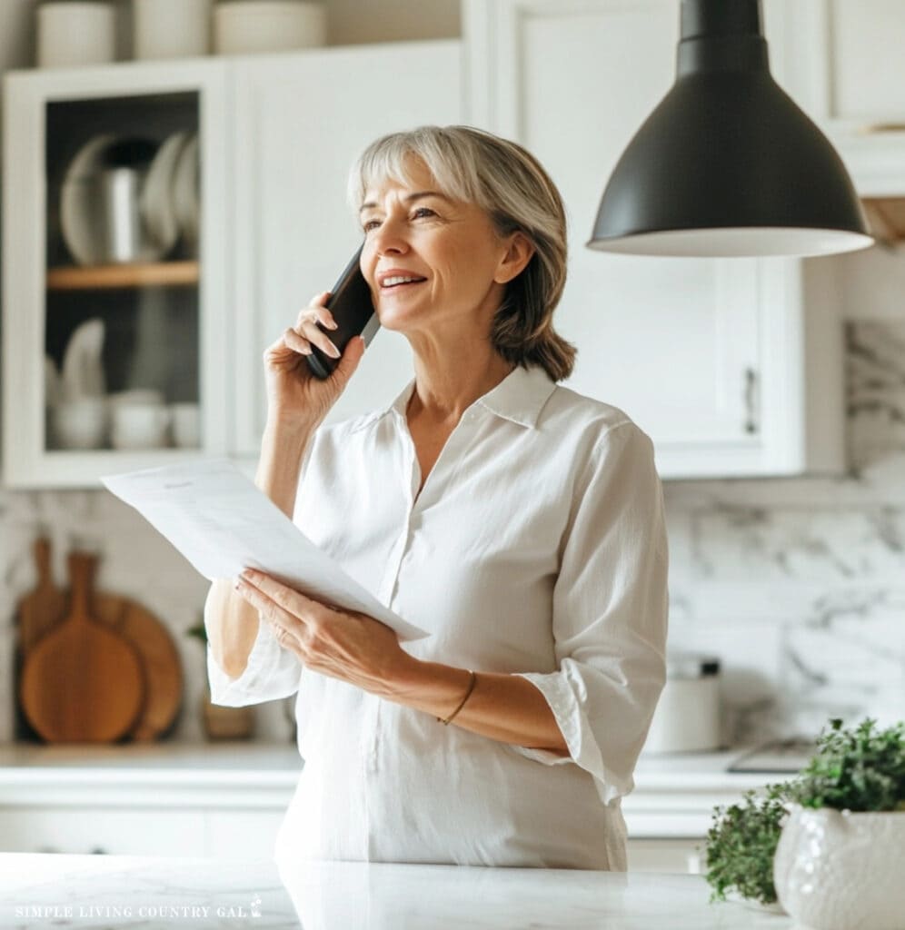 a midlife woman standing in a white kitchen talking on the phone