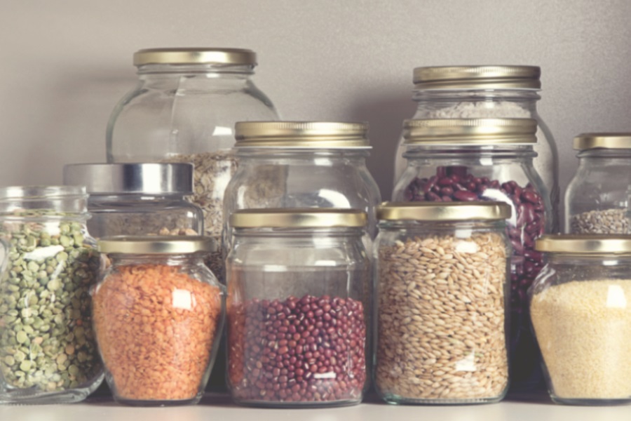 Save jars to use to store food or organize items. This saves money by not buying organizing products. 