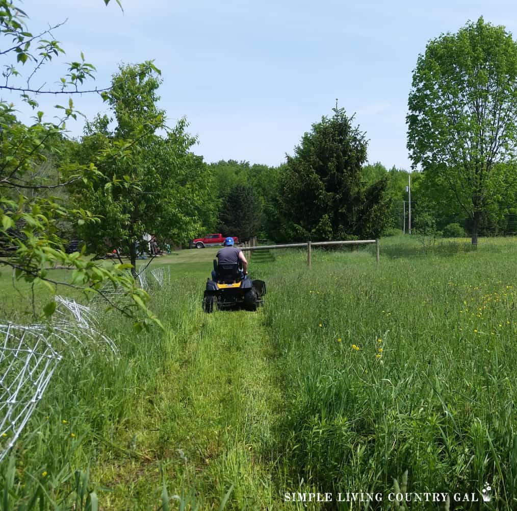 a man mowing the grass near to a fence line