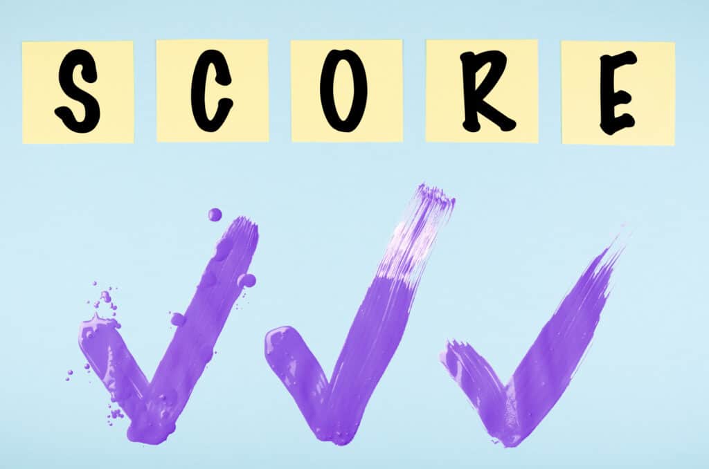 the letters SCORE on yellow post it notes with purple checks below