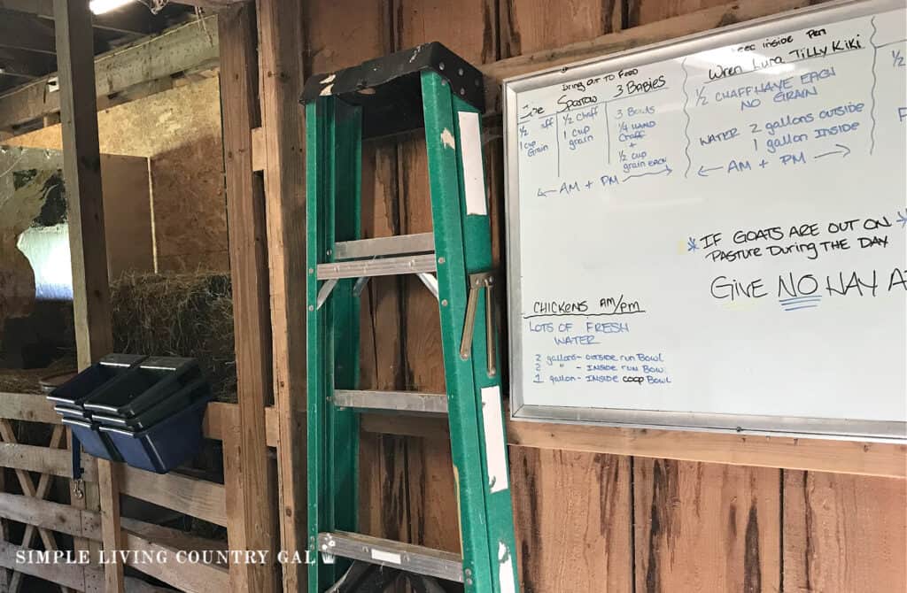 dry erase board with livestock recipes in a feed room