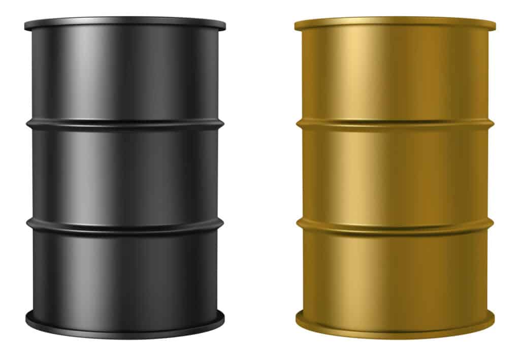 two metal storage drums one black and one gold