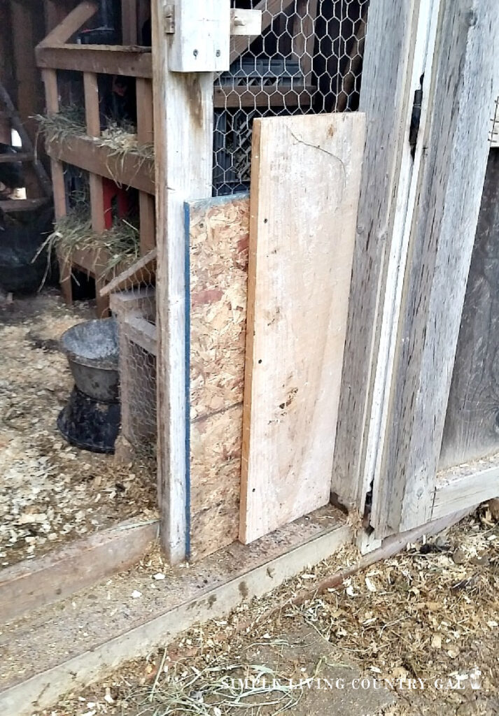 scrap wood closing up a hole in a chicken coop