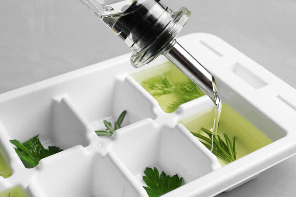Pouring oil into ice cube tray with herbs to freeze