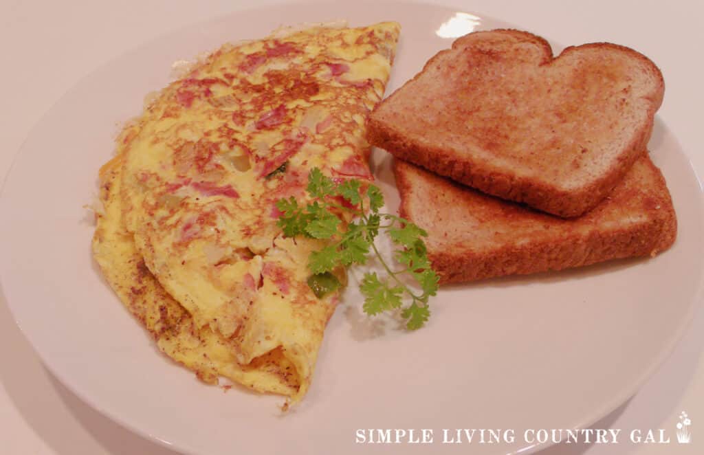 an omelet next to toast with fresh parsley on top
