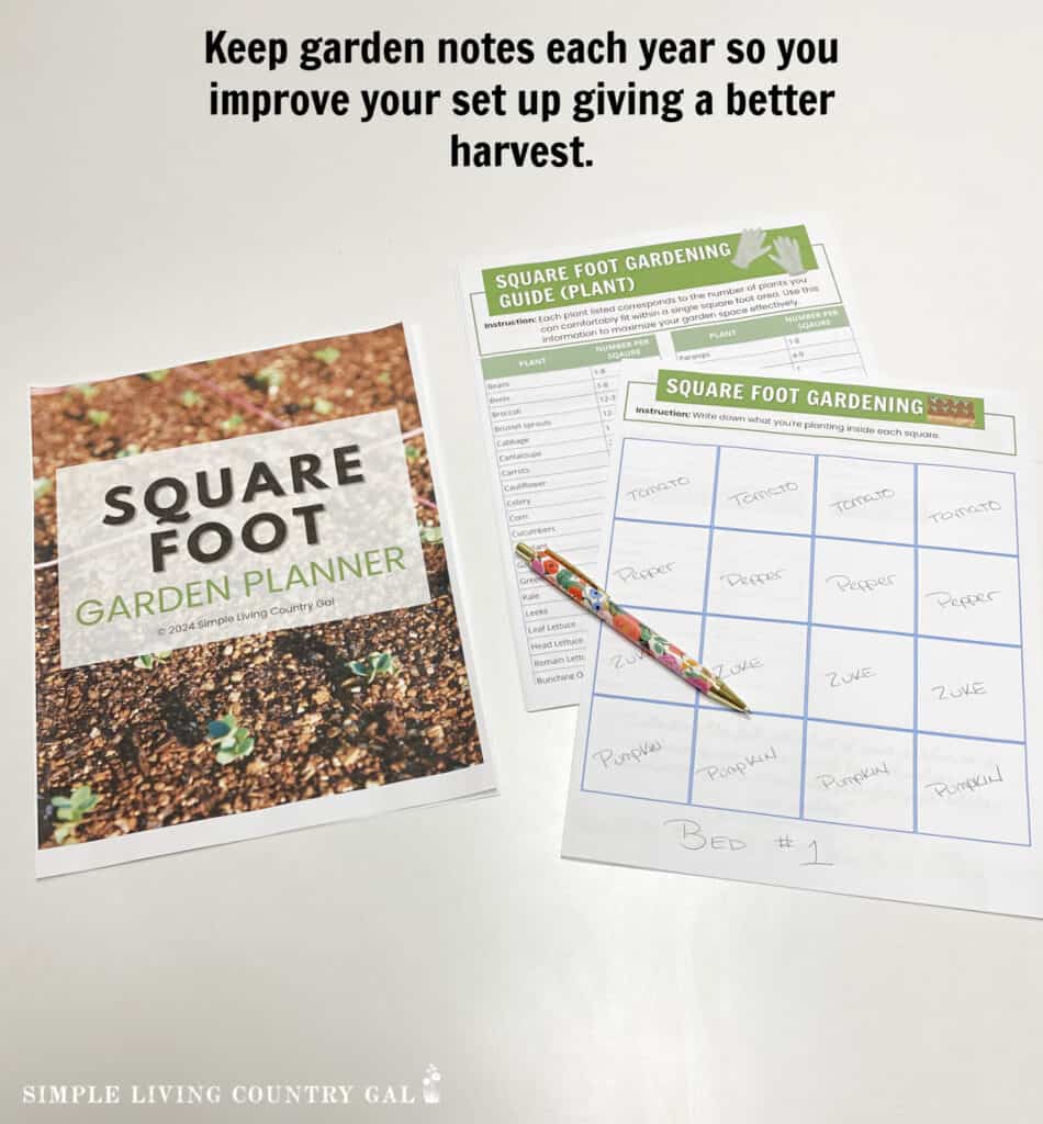 a square foot garden planner on a table with a pen listing out where things are growing