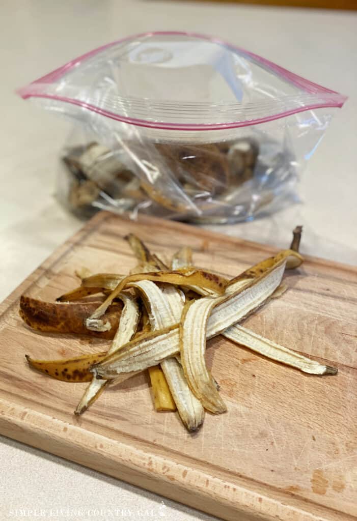 a bag of thin banana peels with more on a cutting board