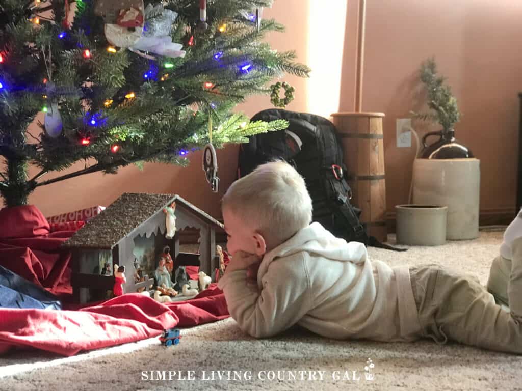 young child looking at a christmas tree nativity scene