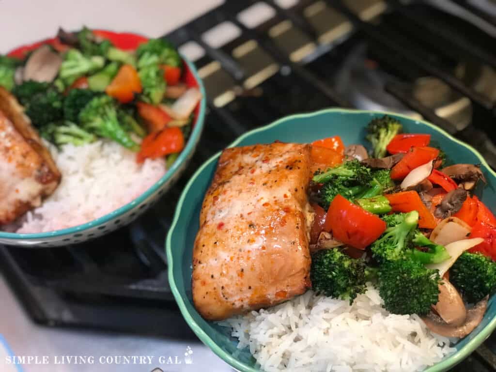 salmon bowls with veggies and rice