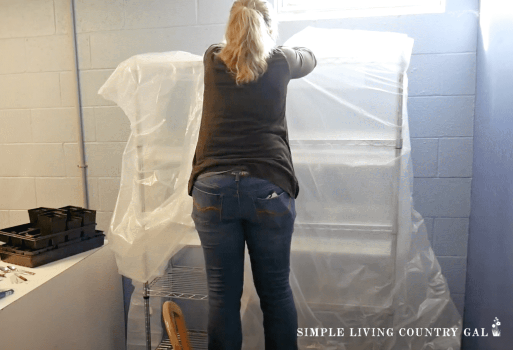 a woman taping up plastic wrap about shelves to create a green house