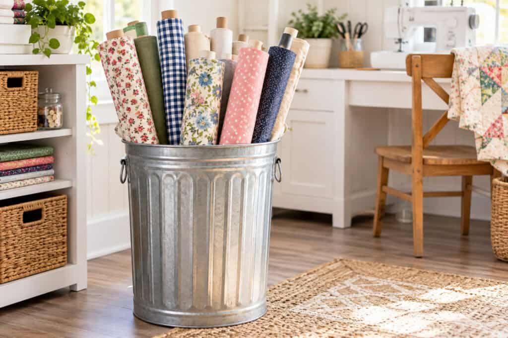 Sewing Room with a steel trash can holding rolls of Fabric