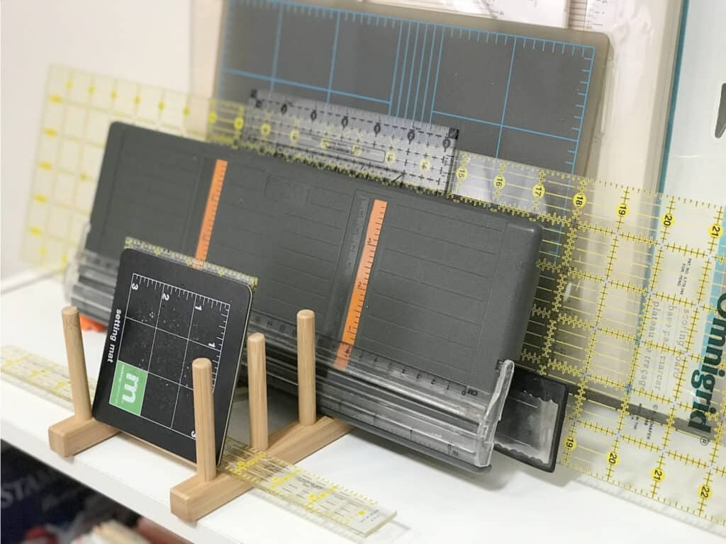 a file holder with fabric and paper cutters stored on copy