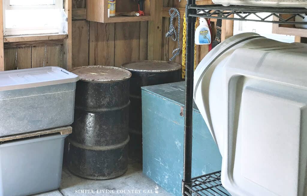 barrels and totes in a feed room