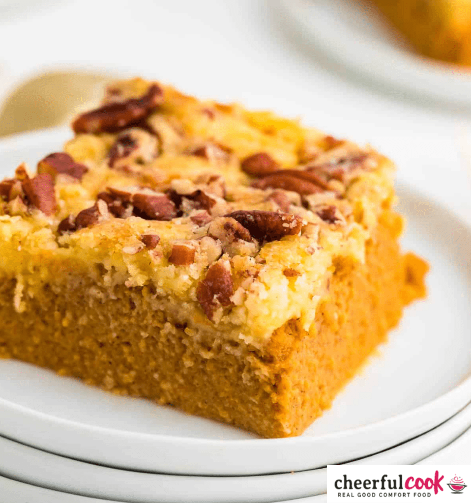 pumpkin dump cake slice on a plate