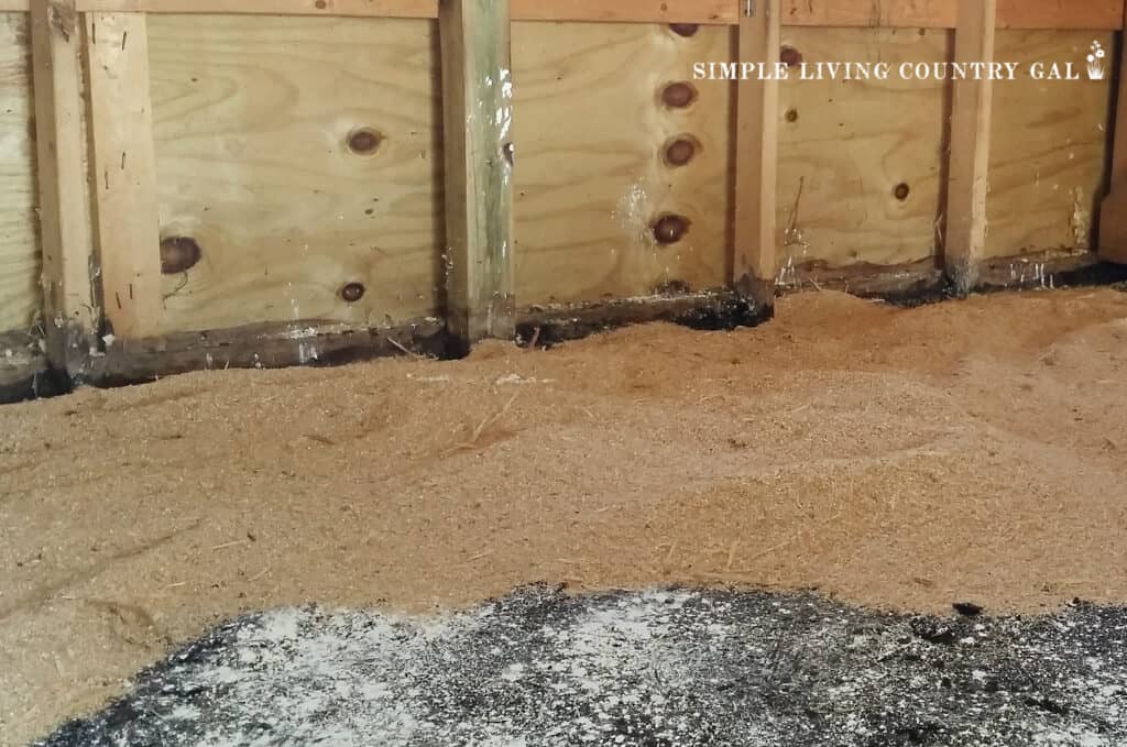 the floor of a barn with a layer of DIY deodorizer and a layer of sawdust