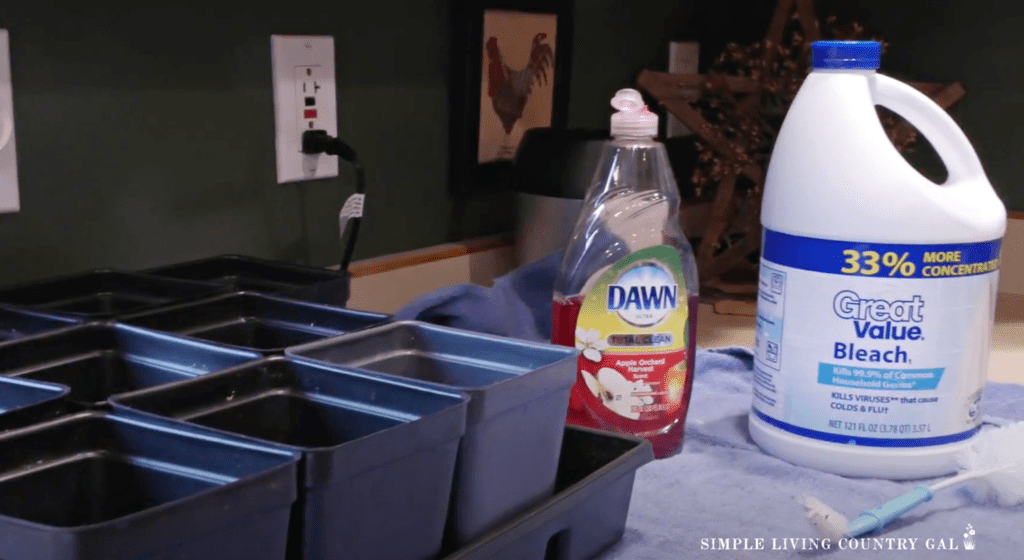 plastic plant containers dawn dish soap and bleach on a counter