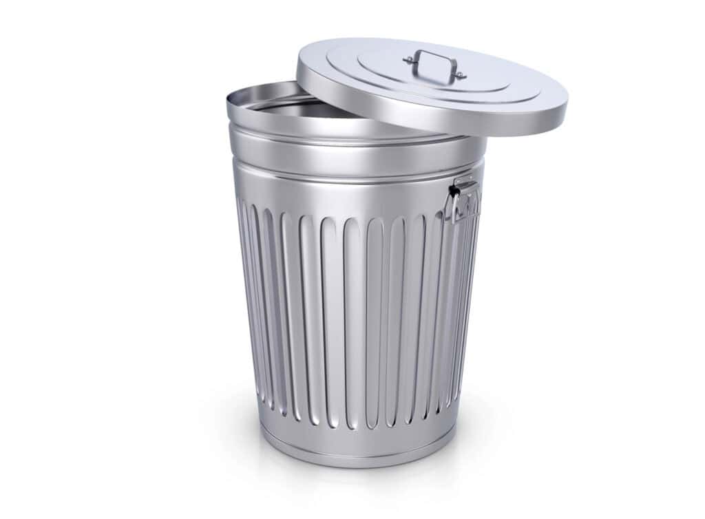 a metal trash can with the lid ajar