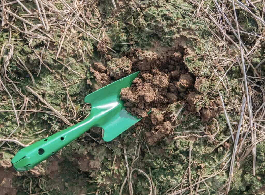 a hand trowel in soil of a garden copy