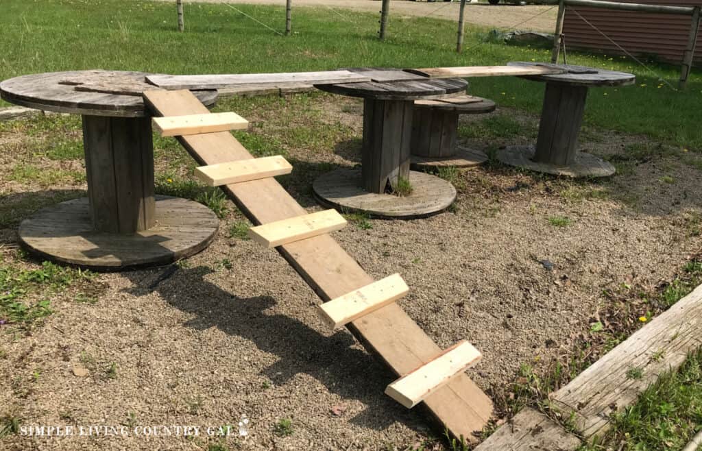 a goat playground made with wooden wire spools