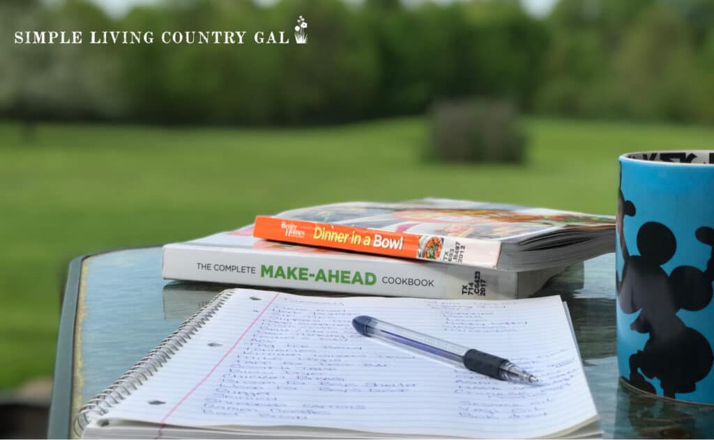 a grocery list on a table outside with a cup of coffee