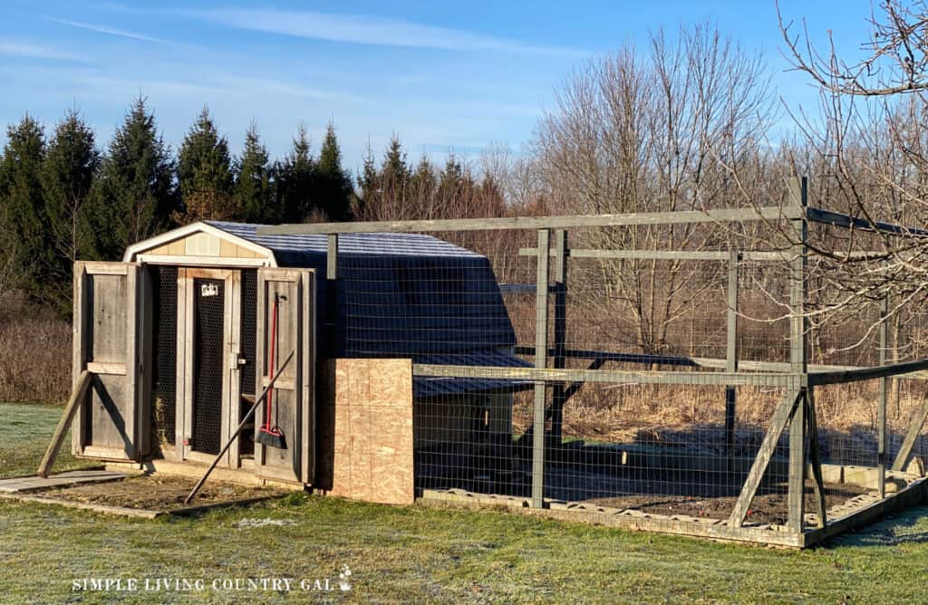 a picture of a chicken coop in a backyard