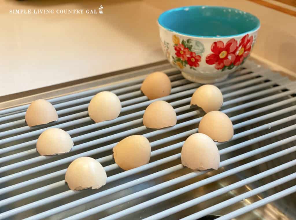 egg shells drying on a rack near a blue floral bowl