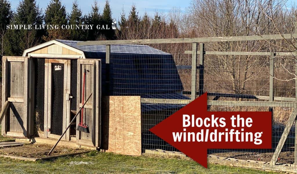 a picture of a chicken coop in a backyard with an arrow showing a wood wind blocker in the run