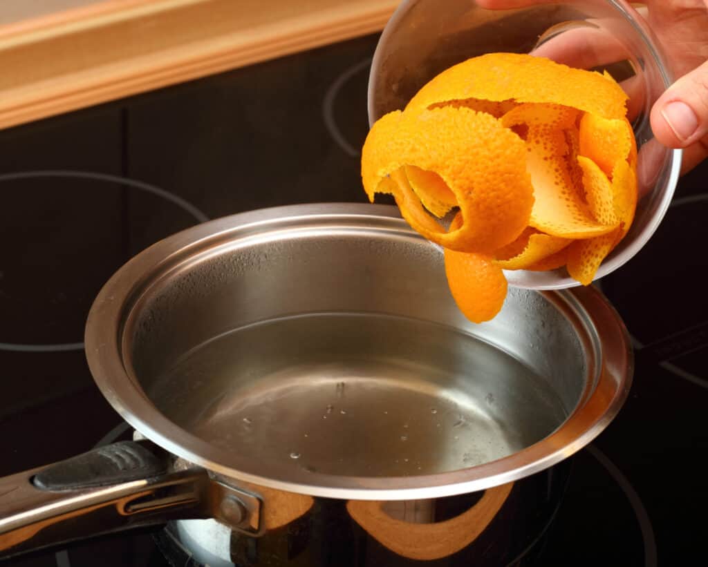 hand dumping orange slices in a pot of water