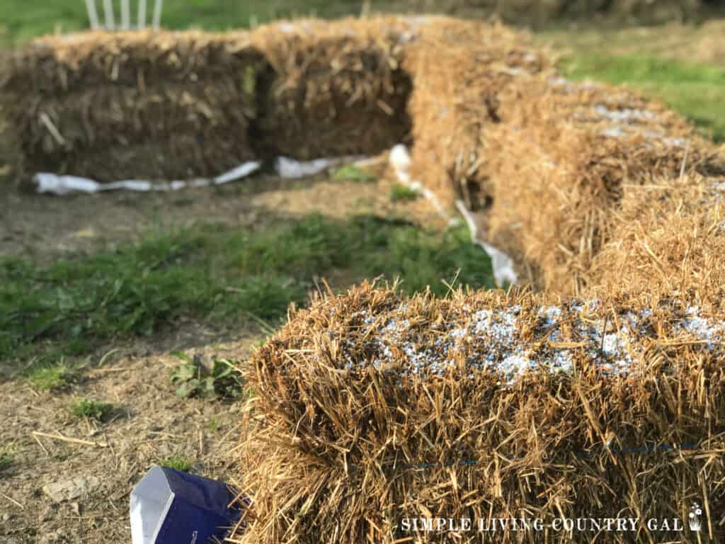 straw bales arrange in a U shape in a field