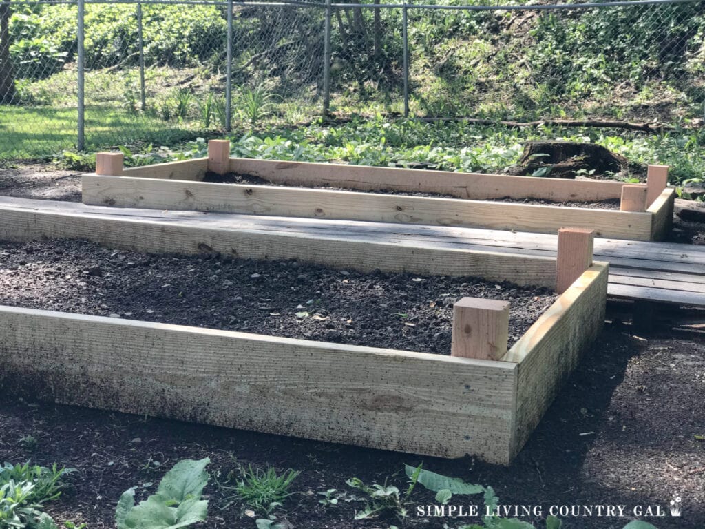 two raised gardening beds filled with soil