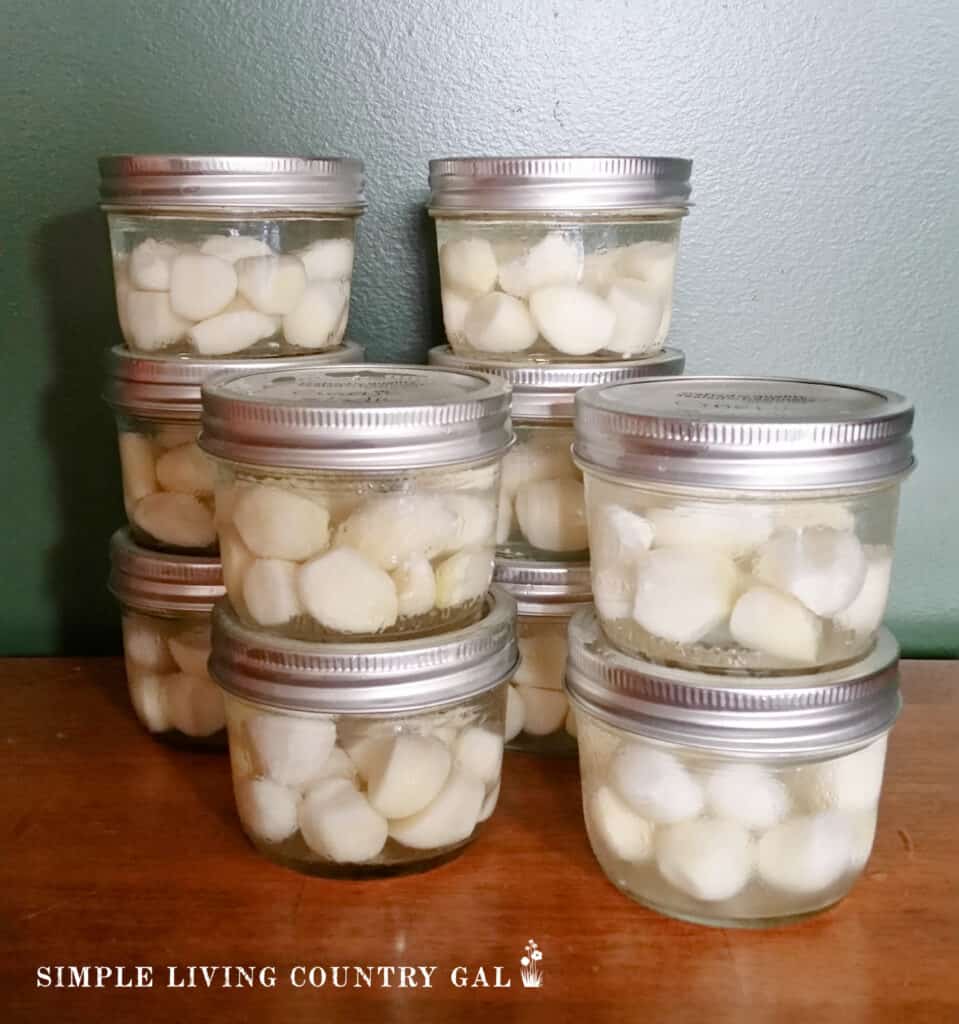 a group of jars filled with garlic cloves