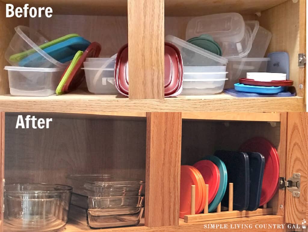 a before and after food storage containers in a simplified kitchen