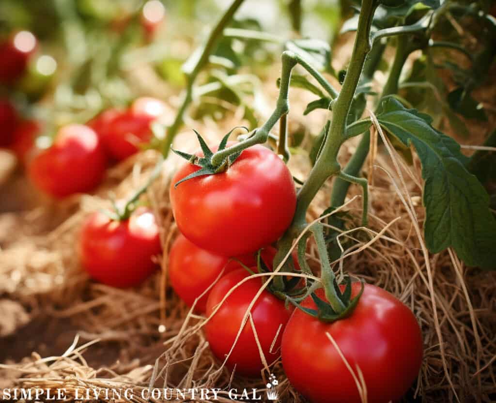 a bunch of red ripe tomatoes growing in a straw bale ready to be picked