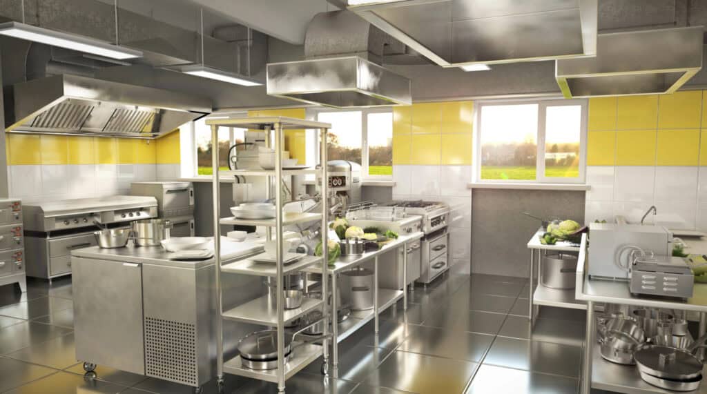 a kitchen of a restaurant that is neat and organized
