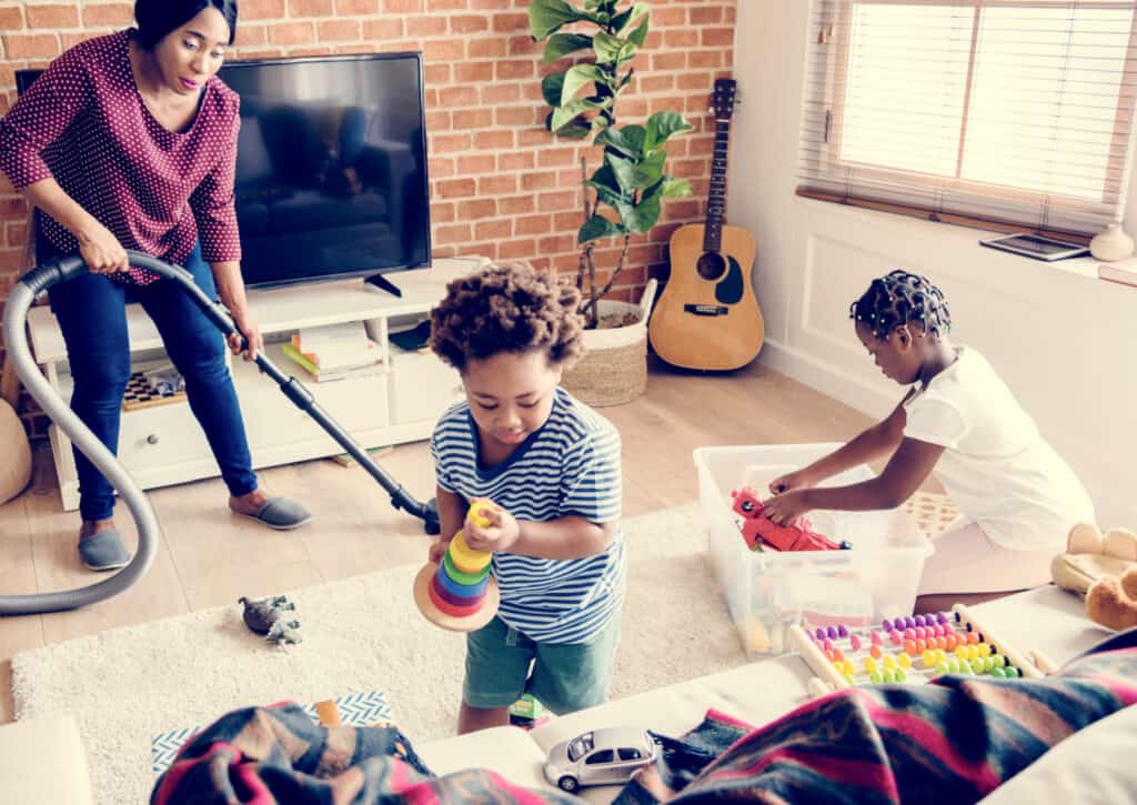A family cleaning the house together
