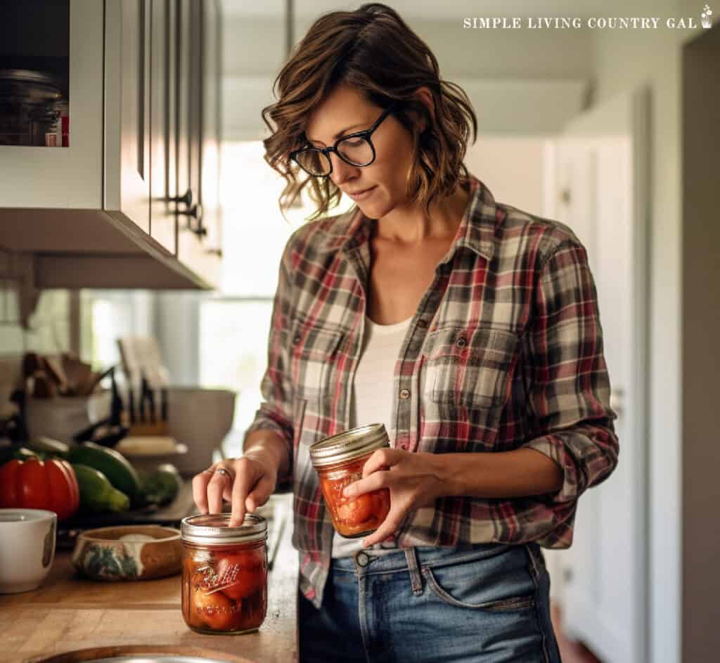 a woman standing in a kitchen holding mason jars of food