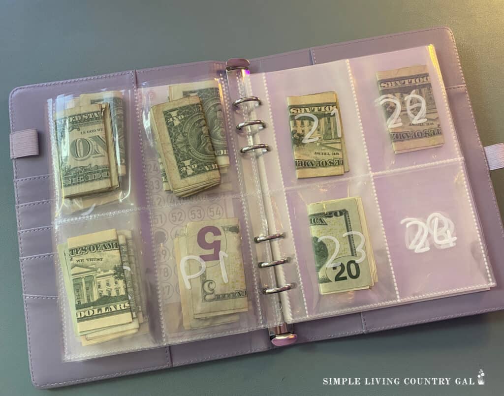 a money envelope binder with bills inside for savings