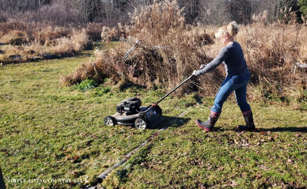 a woman mowing grass in a backyard near to a field before starting a lasagna garden