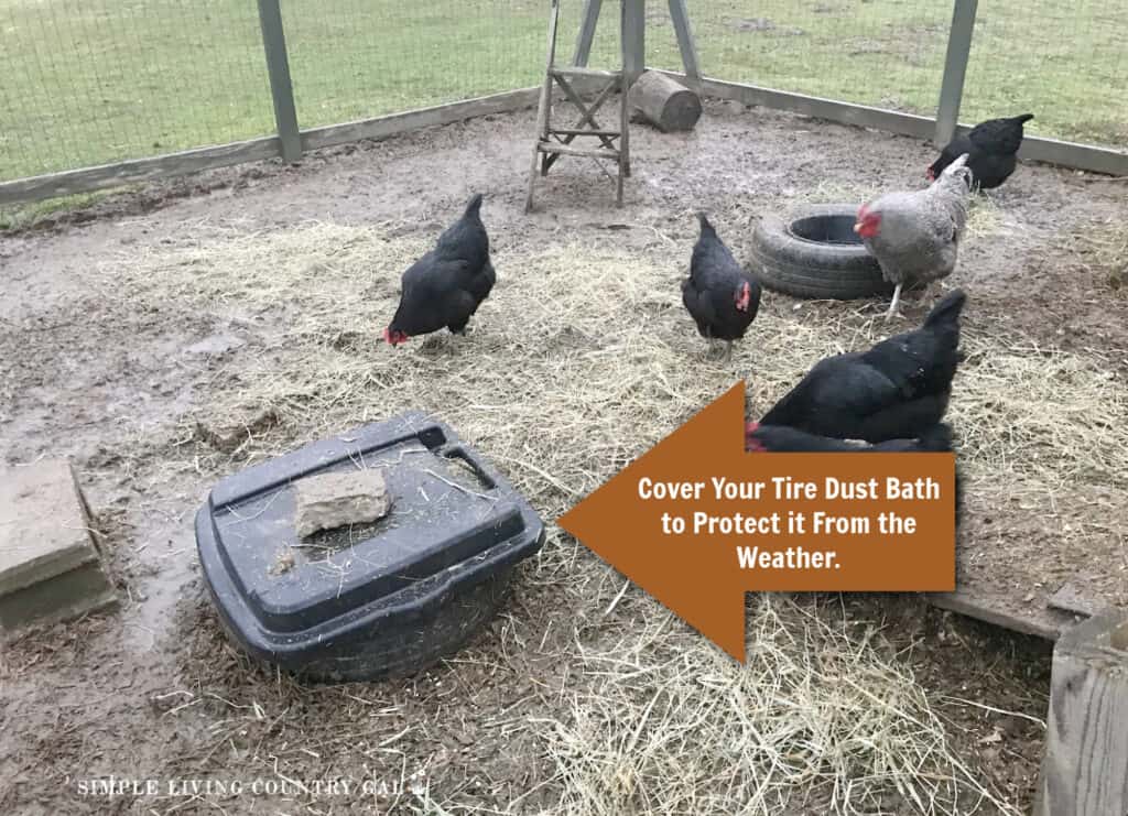 an arrow pointing to a DIY tire dust bath with the words "Cover to protect it from the weather"