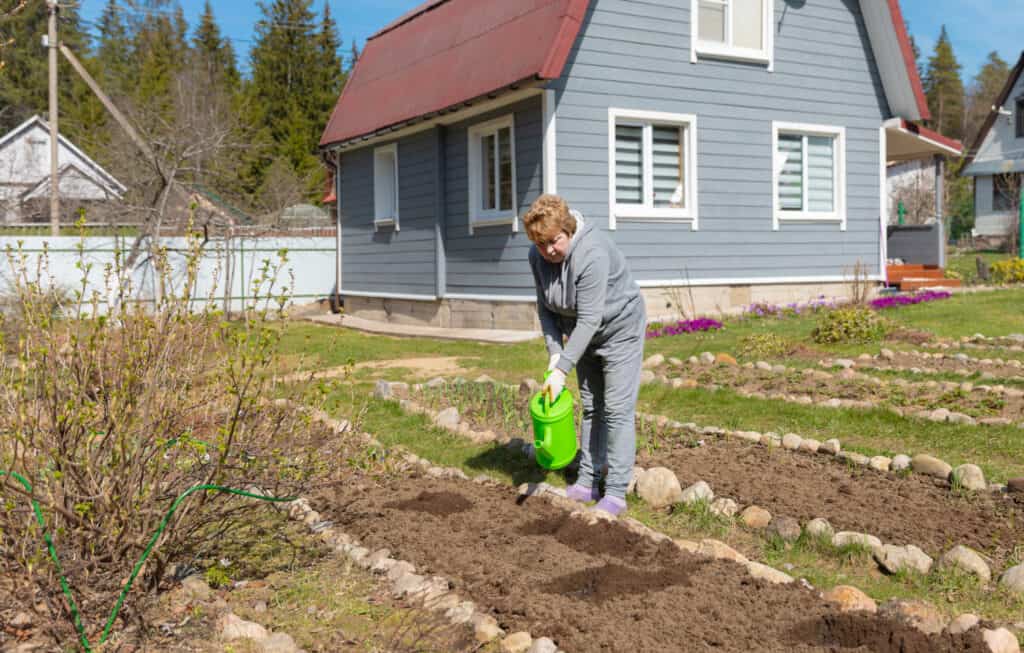 a midlife woman watering a garden near to a grey cottage homestead